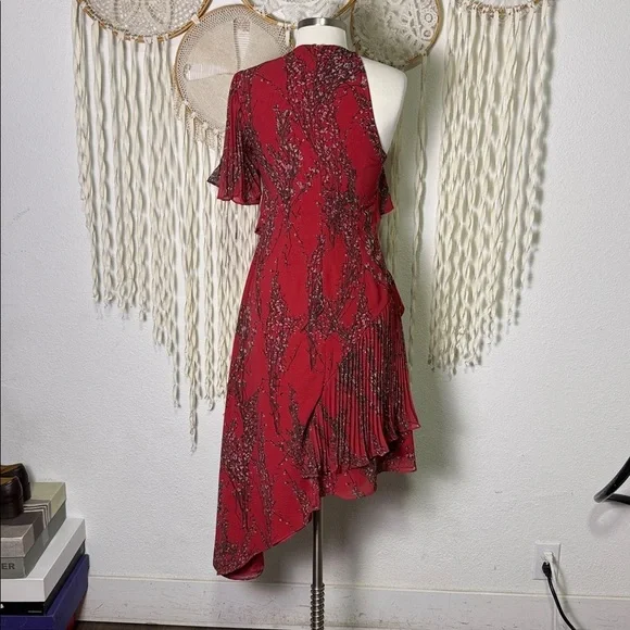 Keepsake The Label Red Floral Asymmetrical Pleat Ruffle Detail Midi Length S - Picture 4 of 9